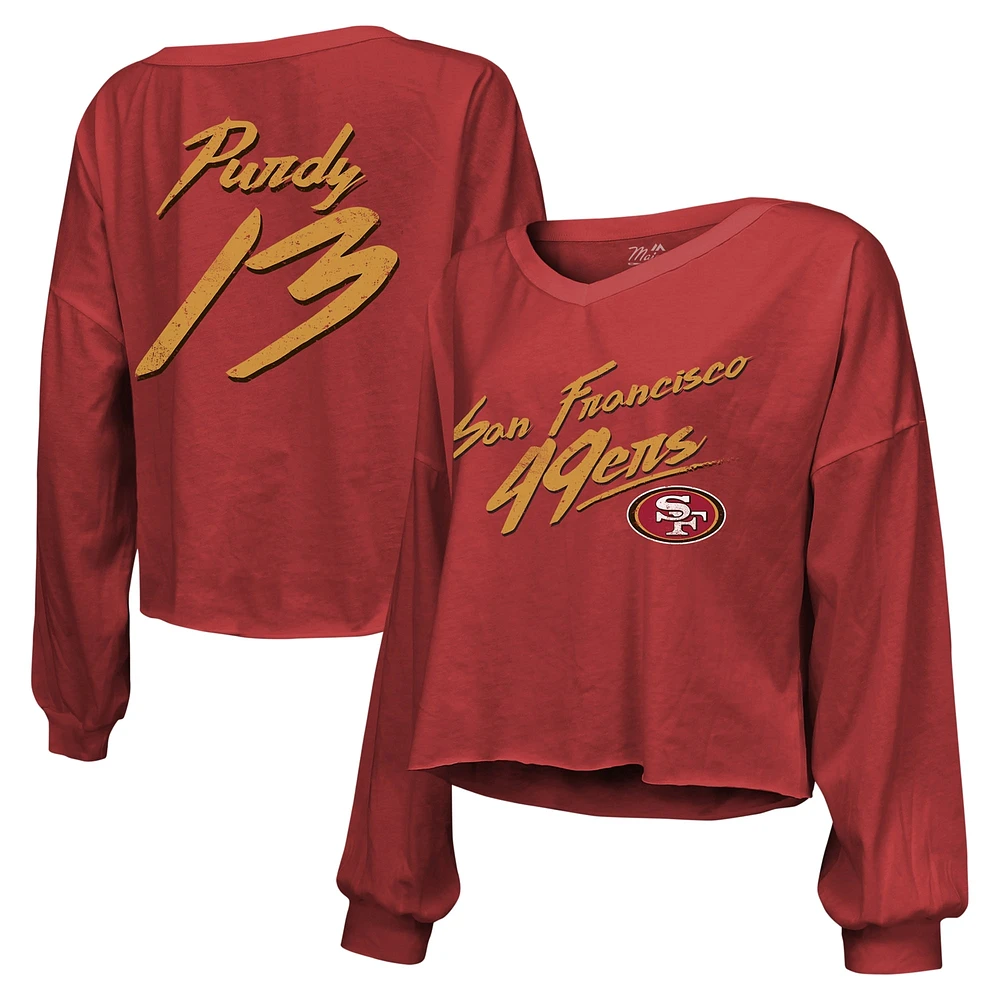 Women's Majestic Threads Brock Purdy Scarlet San Francisco 49ers Name & Number Off-Shoulder Script Cropped Long Sleeve V-Neck T-Shirt