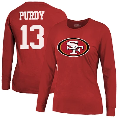 T-shirt à manches longues pour femme Majestic Threads Brock Purdy Scarlet avec nom et numéro du joueur des 49ers de San Francisco