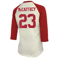 Men's Majestic Threads Christian McCaffrey Cream/Scarlet San Francisco 49ers  Player Name & Number Raglan 3/4-Sleeve T-Shirt