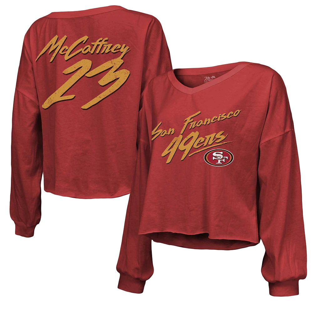 Majestic Threads pour femme Christian McCaffrey Scarlet San Francisco 49ers Nom et numéro T-shirt court à manches longues col en V