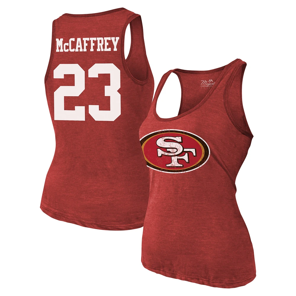 Women's Majestic Threads Christian McCaffrey Scarlet San Francisco 49ers Name & Number Tri-Blend Tank Top