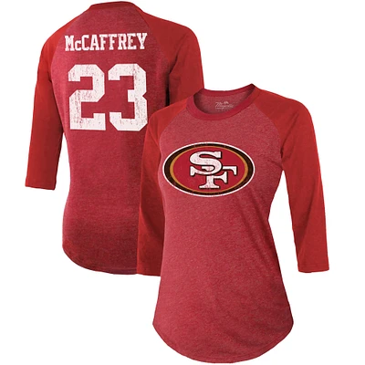 Majestic Threads pour femme Christian McCaffrey Scarlet San Francisco 49ers Nom et numéro du joueur Tri-Blend T-shirt ajusté à manches 3/4