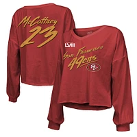 Majestic Threads Christian McCaffrey Scarlet San Francisco 49ers Super Bowl LVIII Nom et numéro Script T-shirt court à manches longues épaules dénudées pour femme