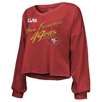 Women's Majestic Threads Christian McCaffrey Scarlet San Francisco 49ers Super Bowl LVIII Name & Number Script Off-Shoulder Cropped Long Sleeve T-Shirt