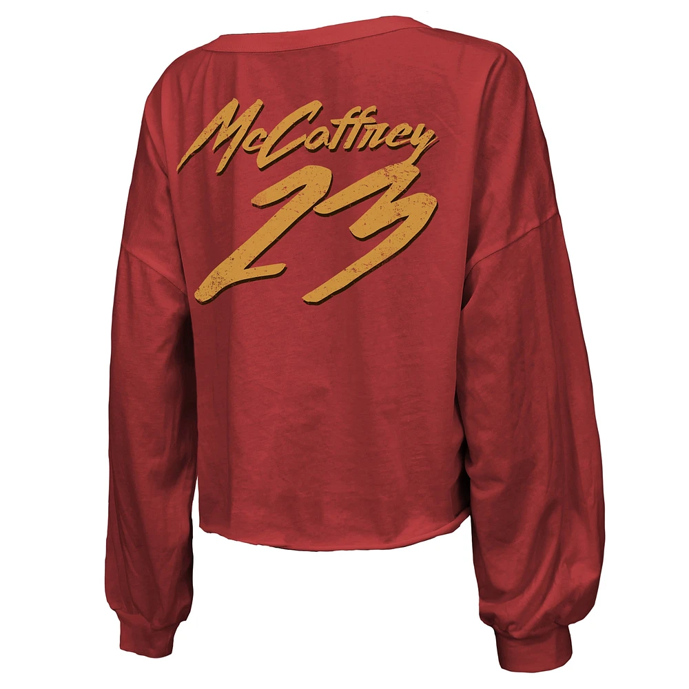 Majestic Threads Christian McCaffrey Scarlet San Francisco 49ers Super Bowl LVIII Nom et numéro Script T-shirt court à manches longues épaules dénudées pour femme