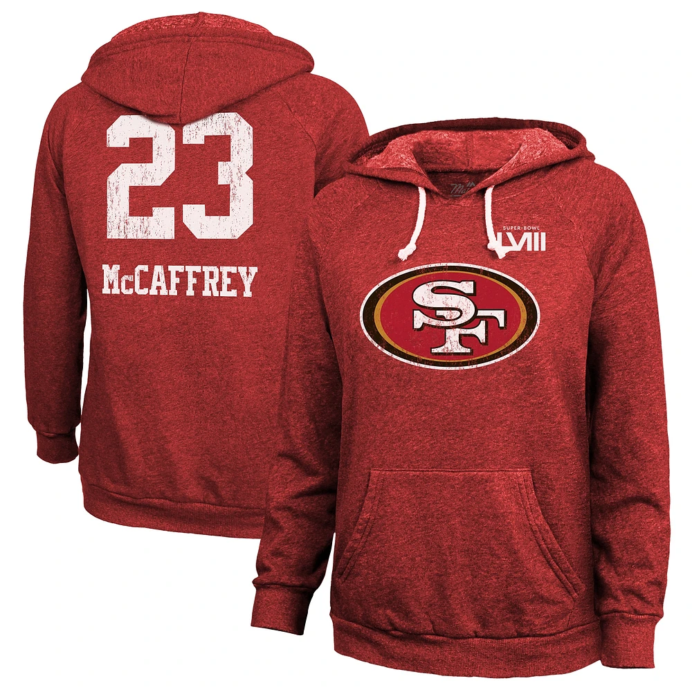 Sweat à capuche tri-blend nom et numéro pour femme Majestic Threads Christian McCaffrey Scarlet San Francisco 49ers Super Bowl LVIII