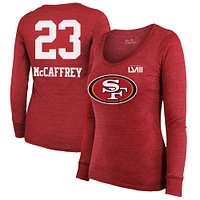 Women's Majestic Threads Christian McCaffrey Scarlet San Francisco 49ers Super Bowl LVIII Scoop Name & Number Tri-Blend Long Sleeve T-Shirt