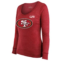 Women's Majestic Threads Christian McCaffrey Scarlet San Francisco 49ers Super Bowl LVIII Scoop Name & Number Tri-Blend Long Sleeve T-Shirt