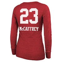 Women's Majestic Threads Christian McCaffrey Scarlet San Francisco 49ers Super Bowl LVIII Scoop Name & Number Tri-Blend Long Sleeve T-Shirt