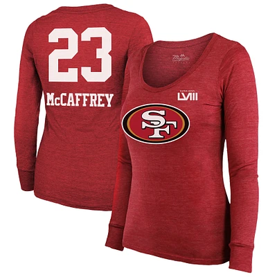 Majestic Threads Christian McCaffrey Scarlet San Francisco 49ers Super Bowl LVIII Scoop Nom et numéro Tri-Blend T-shirt à manches longues pour femmes