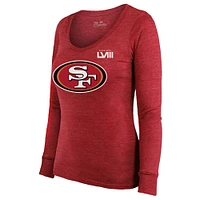 Women's Majestic Threads George Kittle Scarlet San Francisco 49ers Super Bowl LVIII Scoop Name & Number Tri-Blend Long Sleeve T-Shirt