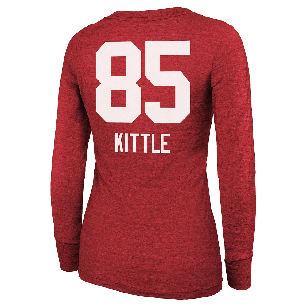 Women's Majestic Threads George Kittle Scarlet San Francisco 49ers Super Bowl LVIII Scoop Name & Number Tri-Blend Long Sleeve T-Shirt