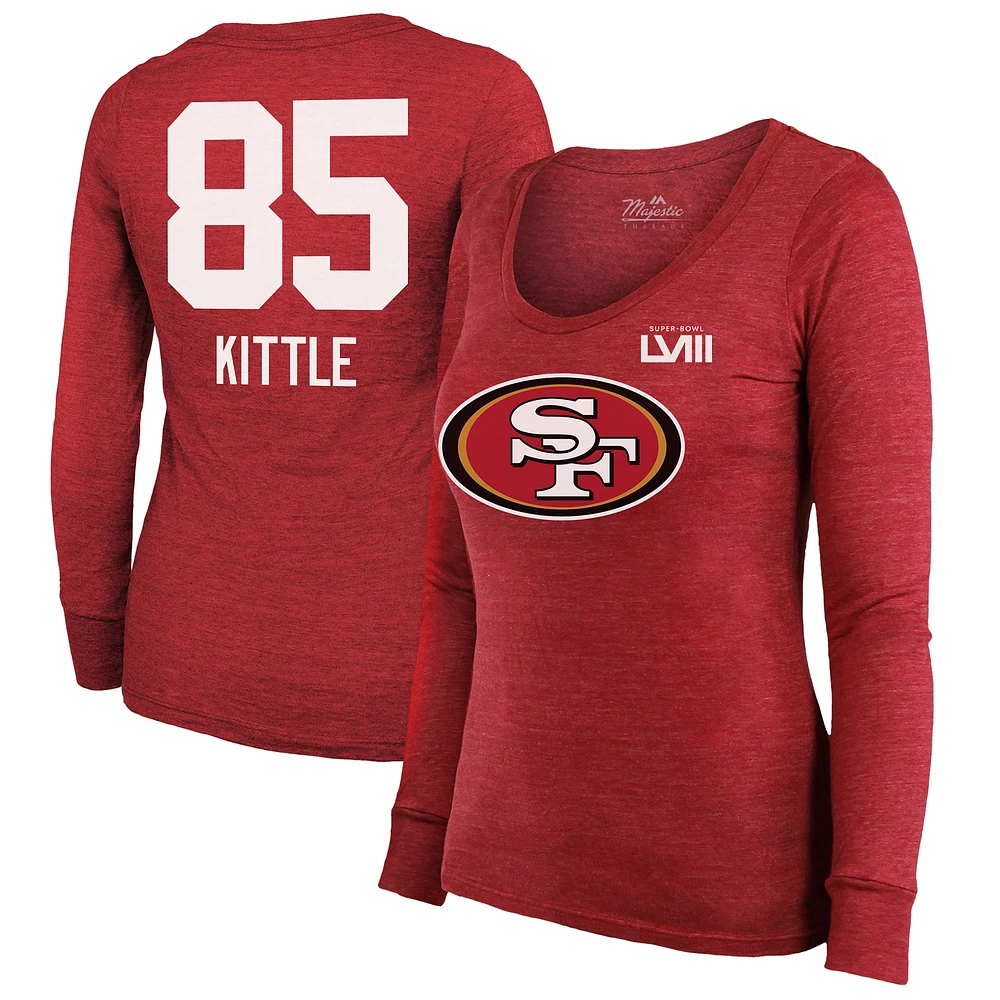 Women's Majestic Threads George Kittle Scarlet San Francisco 49ers Super Bowl LVIII Scoop Name & Number Tri-Blend Long Sleeve T-Shirt