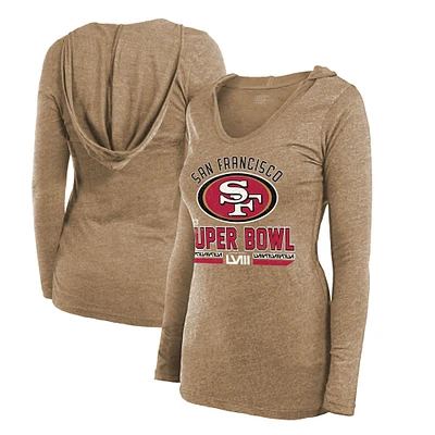 Women's Majestic Threads  Gold San Francisco 49ers Super Bowl LVIII Hard Court Lightweight Tri-Blend Long Sleeve V-Neck Hoodie T-Shirt