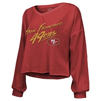 T-shirt court à manches longues et épaules dénudées pour femmes Majestic Threads Nick Bosa Scarlet San Francisco 49ers avec nom numéro