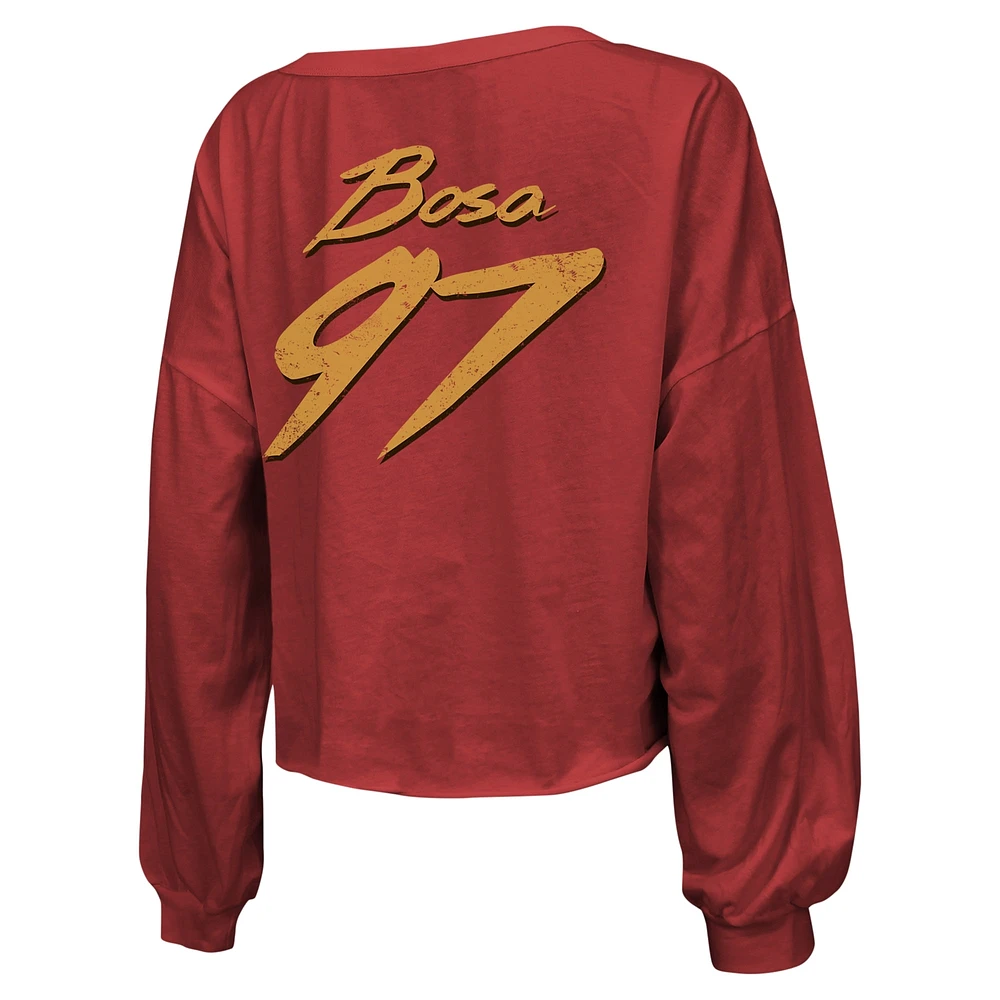 T-shirt court à manches longues et épaules dénudées pour femmes Majestic Threads Nick Bosa Scarlet San Francisco 49ers avec nom numéro