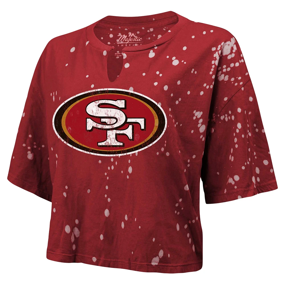 Women's Majestic Threads Scarlet San Francisco 49ers Bleach Splatter Notch Neck Crop T-Shirt