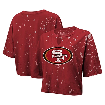 Women's Majestic Threads Scarlet San Francisco 49ers Bleach Splatter Notch Neck Crop T-Shirt