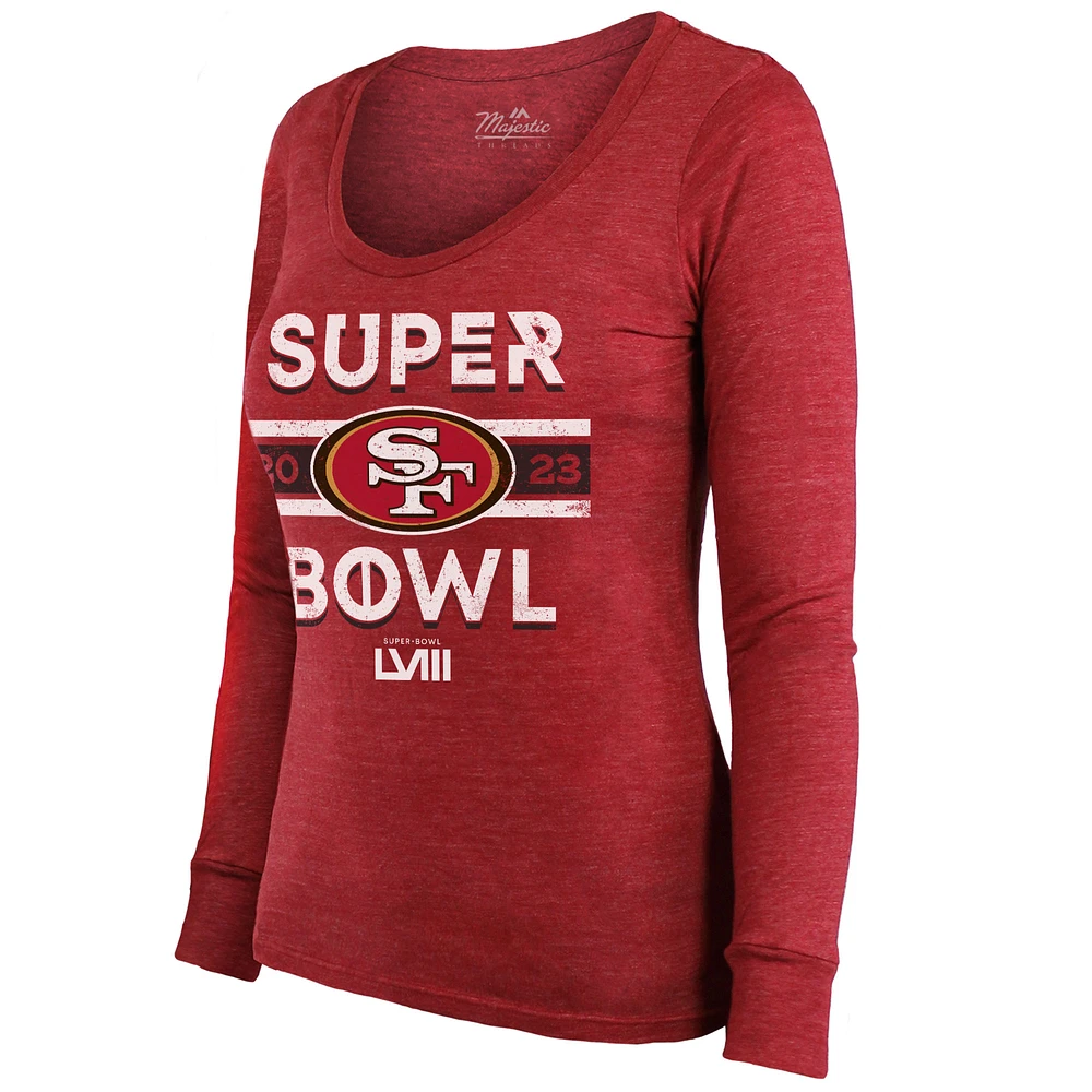 T-shirt à manches longues et col rond en mélange léger pour femme Majestic Threads Scarlet San Francisco 49ers Super Bowl LVIII Make It Happen