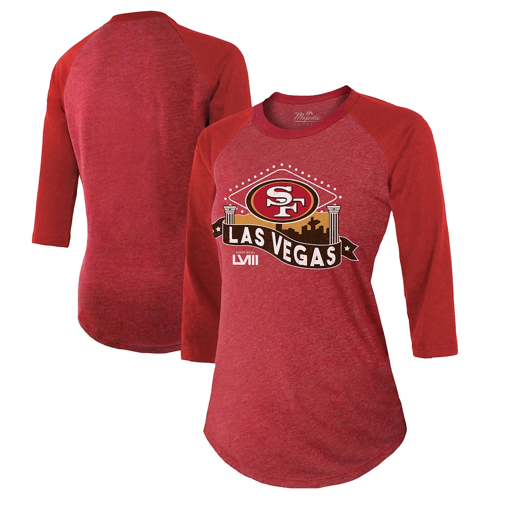 Women's Majestic Threads  Scarlet San Francisco 49ers Super Bowl LVIII Vegas Raglan 3/4-Sleeve Tri-Blend T-Shirt