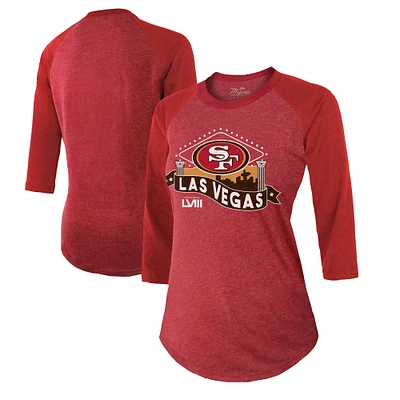 T-shirt à manches 3/4 raglan pour femme Majestic Threads Scarlet San Francisco 49ers Super Bowl LVIII Vegas