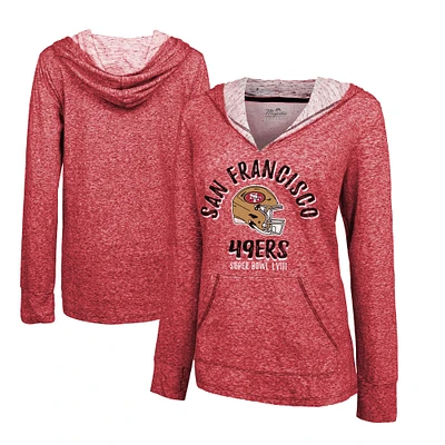 Women's Majestic Threads  Scarlet San Francisco 49ers Super Bowl LVIII Victory Slub V-Neck Pullover Hoodie