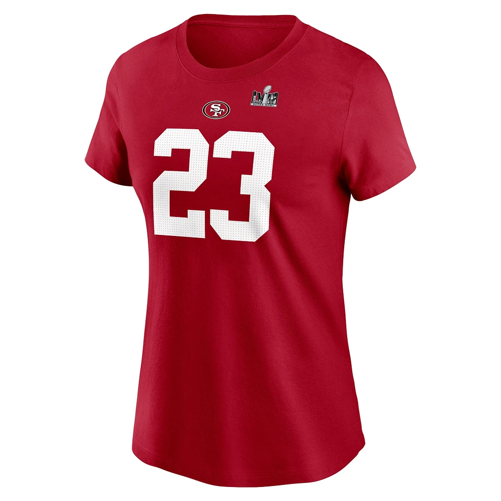 T-shirt Nike Christian McCaffrey Scarlet San Francisco 49ers Super Bowl LVIII pour femme avec nom et numéro de joueur