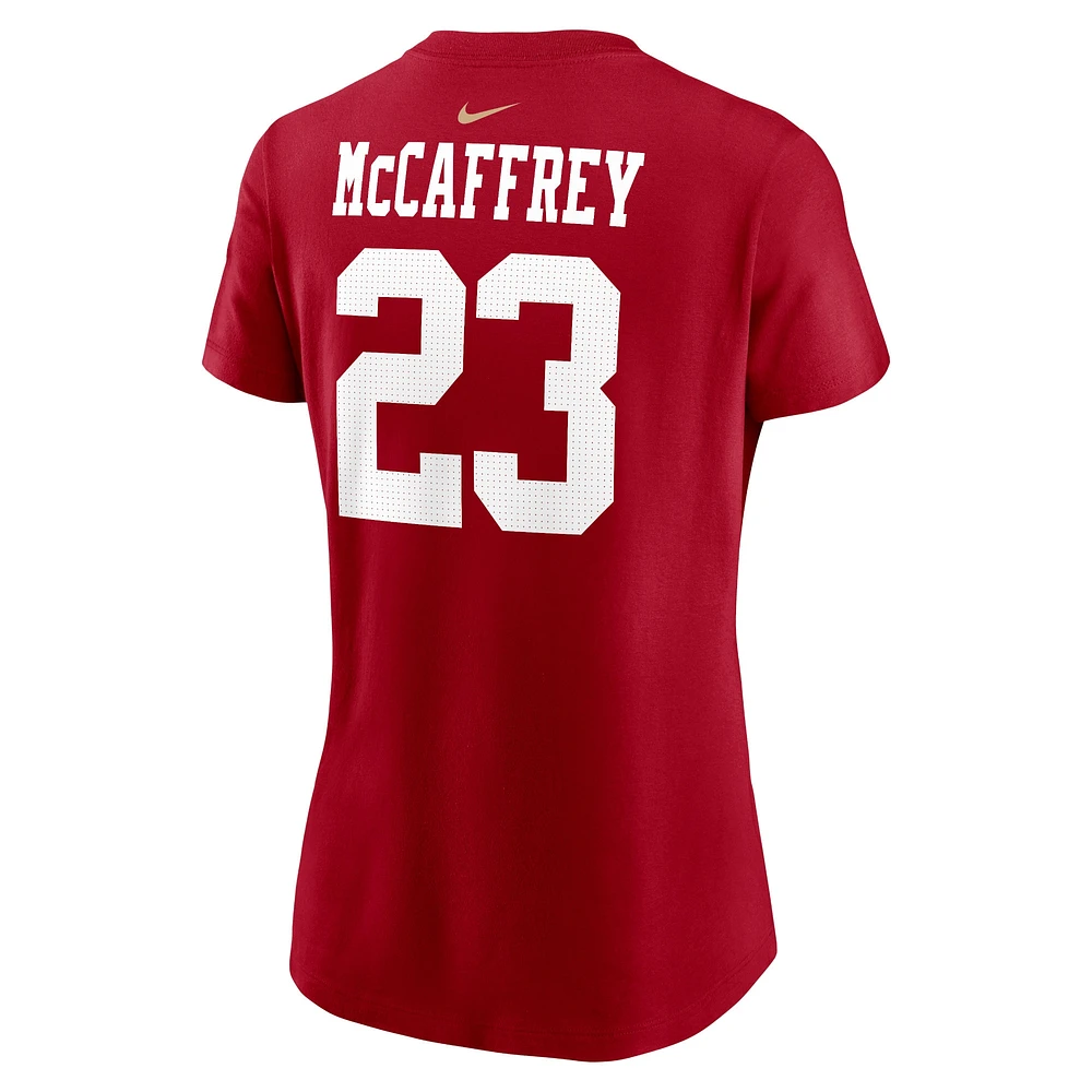 T-shirt Nike Christian McCaffrey Scarlet San Francisco 49ers Super Bowl LVIII pour femme avec nom et numéro de joueur