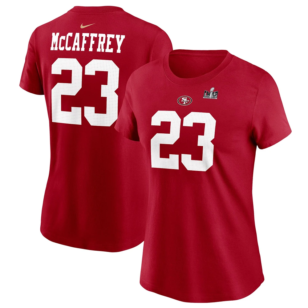 T-shirt Nike Christian McCaffrey Scarlet San Francisco 49ers Super Bowl LVIII pour femme avec nom et numéro de joueur