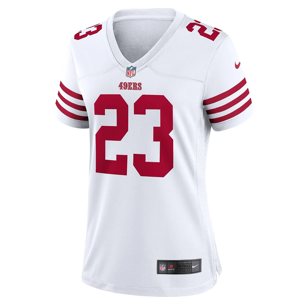 Maillot de joueur Nike Christian McCaffrey blanc des San Francisco 49ers pour femme