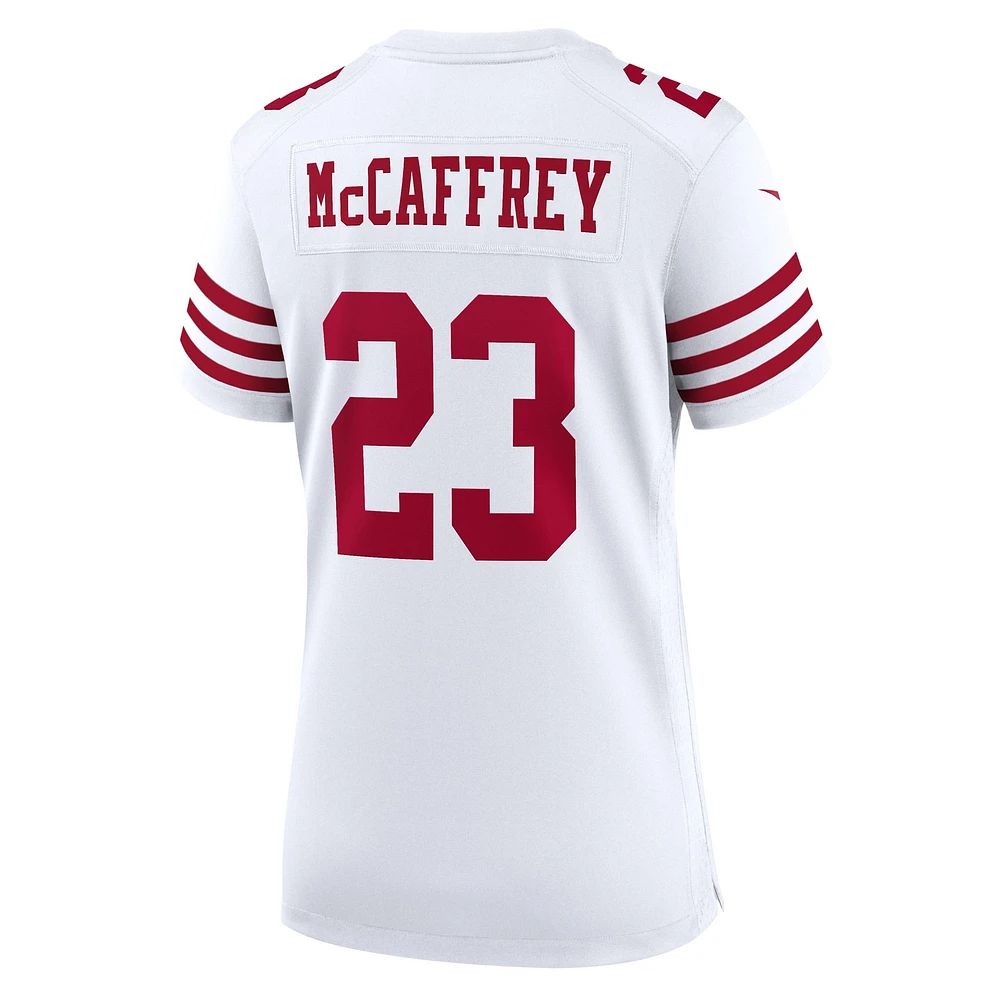 Maillot de joueur Nike Christian McCaffrey blanc des San Francisco 49ers pour femme