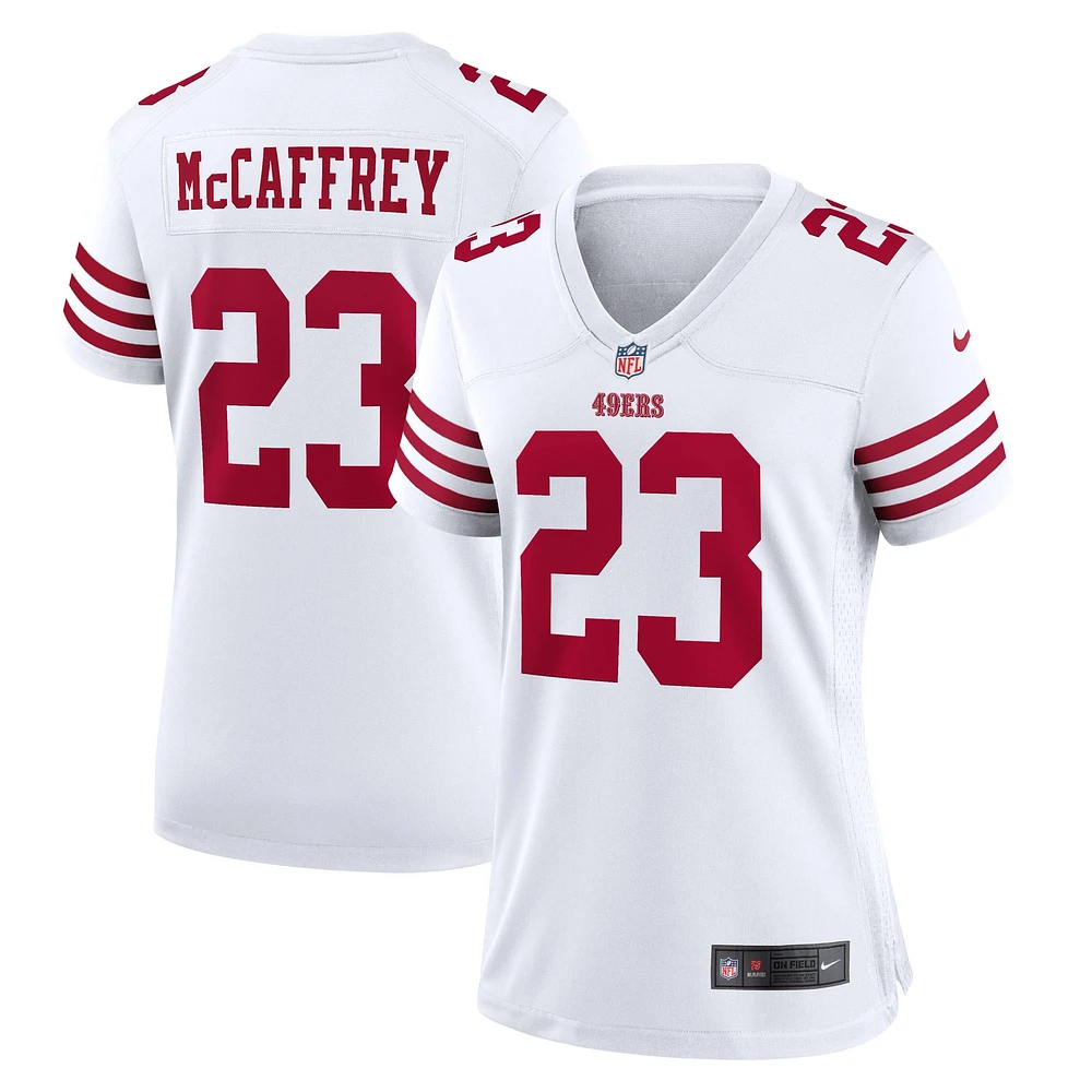 Maillot de joueur Nike Christian McCaffrey blanc des San Francisco 49ers pour femme