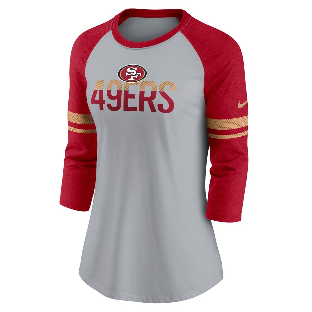 Nike Women's Nike Gray/Scarlet San Francisco 49ers Stripe - Tri-Blend  Raglan 3/4-Sleeve T-Shirt