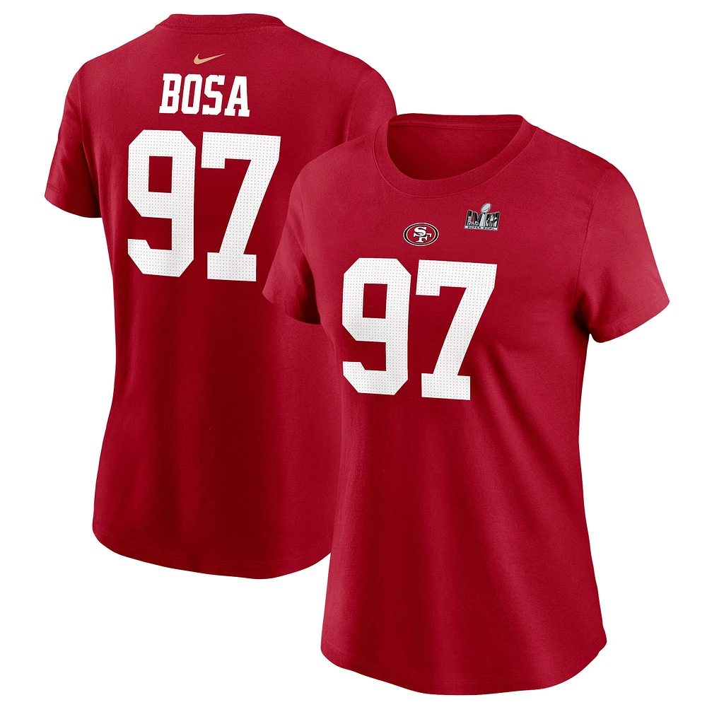 T-shirt Nike Nick Bosa Scarlet pour femme des San Francisco 49ers Super Bowl LVIII Patch avec nom et numéro du joueur