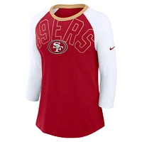 T-shirt Nike écarlate/blanc San Francisco 49ers Knockout Arch Raglan Tri-Blend à manches 3/4 pour femme