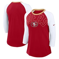 T-shirt Nike écarlate/blanc San Francisco 49ers Knockout Arch Raglan Tri-Blend à manches 3/4 pour femme