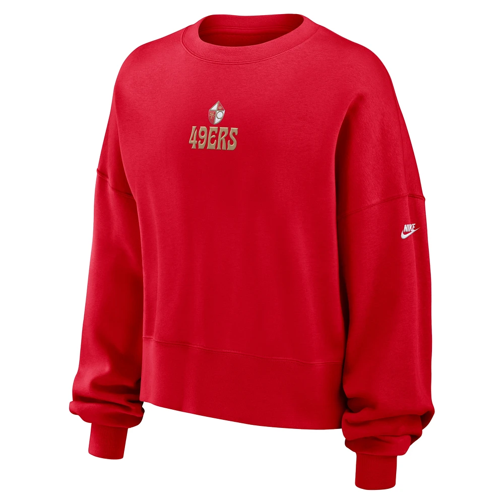 Women's Nike Scarlet San Francisco 49ers Rewind Oversized Long Sleeve Cropped Pullover Sweatshirt