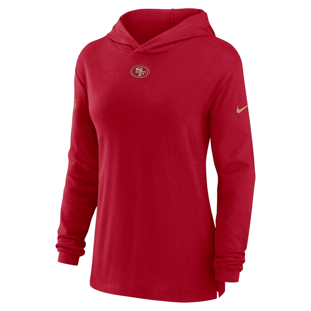 Women's Nike Scarlet San Francisco 49ers Sideline Performance Long Sleeve Hoodie T-Shirt