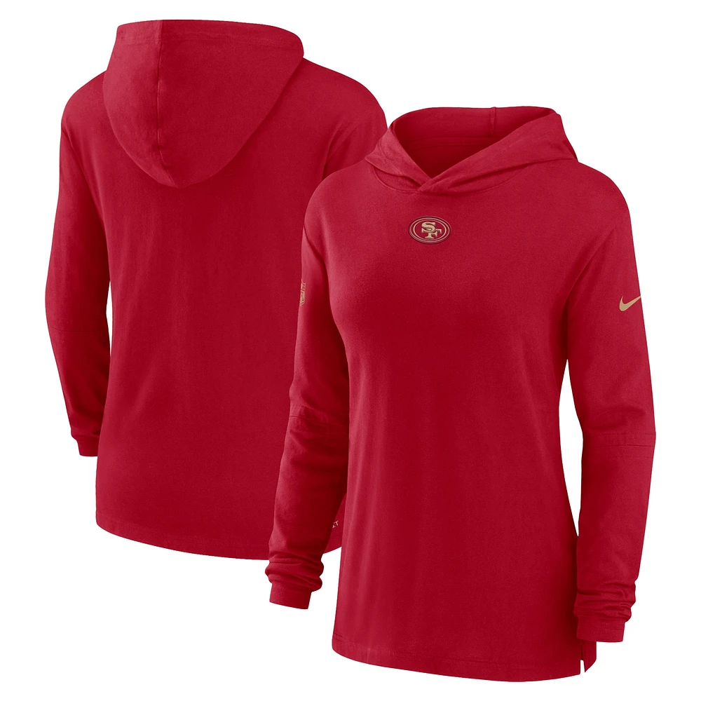 Women's Nike Scarlet San Francisco 49ers Sideline Performance Long Sleeve Hoodie T-Shirt