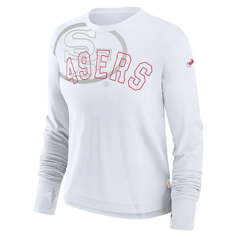 Women's Nike White San Francisco 49ers Layered Logo Cropped Long Sleeve Fashion T-Shirt
