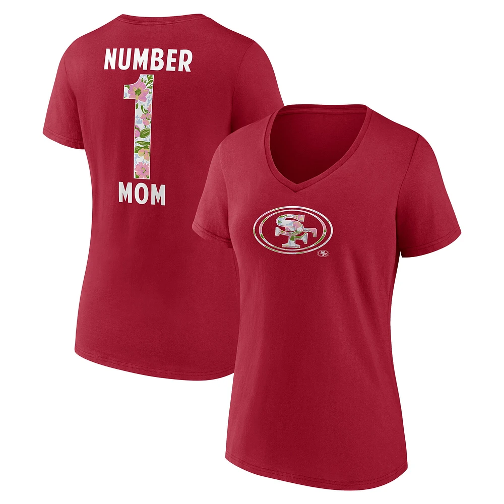Women's Scarlet San Francisco 49ers Number 1 Mom Floral V-Neck T-Shirt