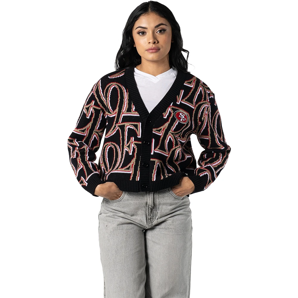 Women's The Wild Collective Black San Francisco 49ers Cropped Full-Button Cardigan Sweater