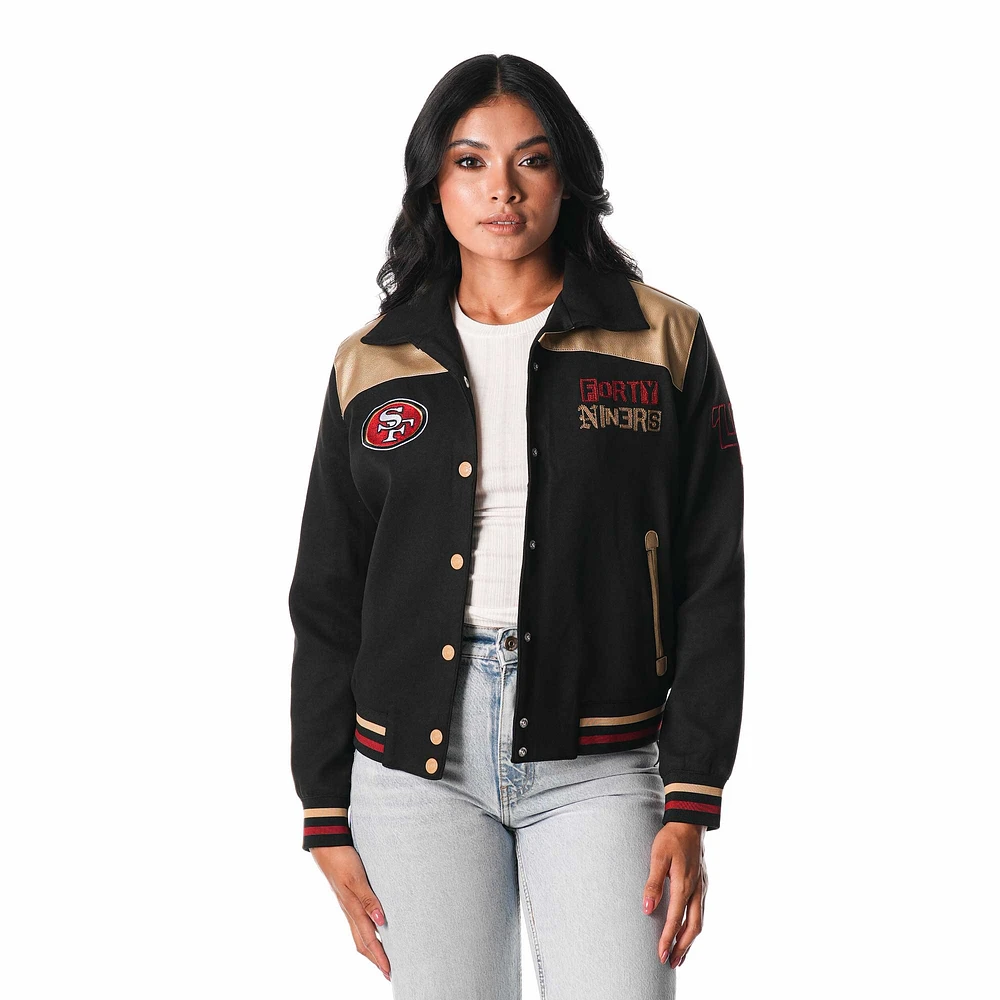 Blouson aviateur en daim noir à boutons-pression San Francisco 49ers pour femme The Wild Collective