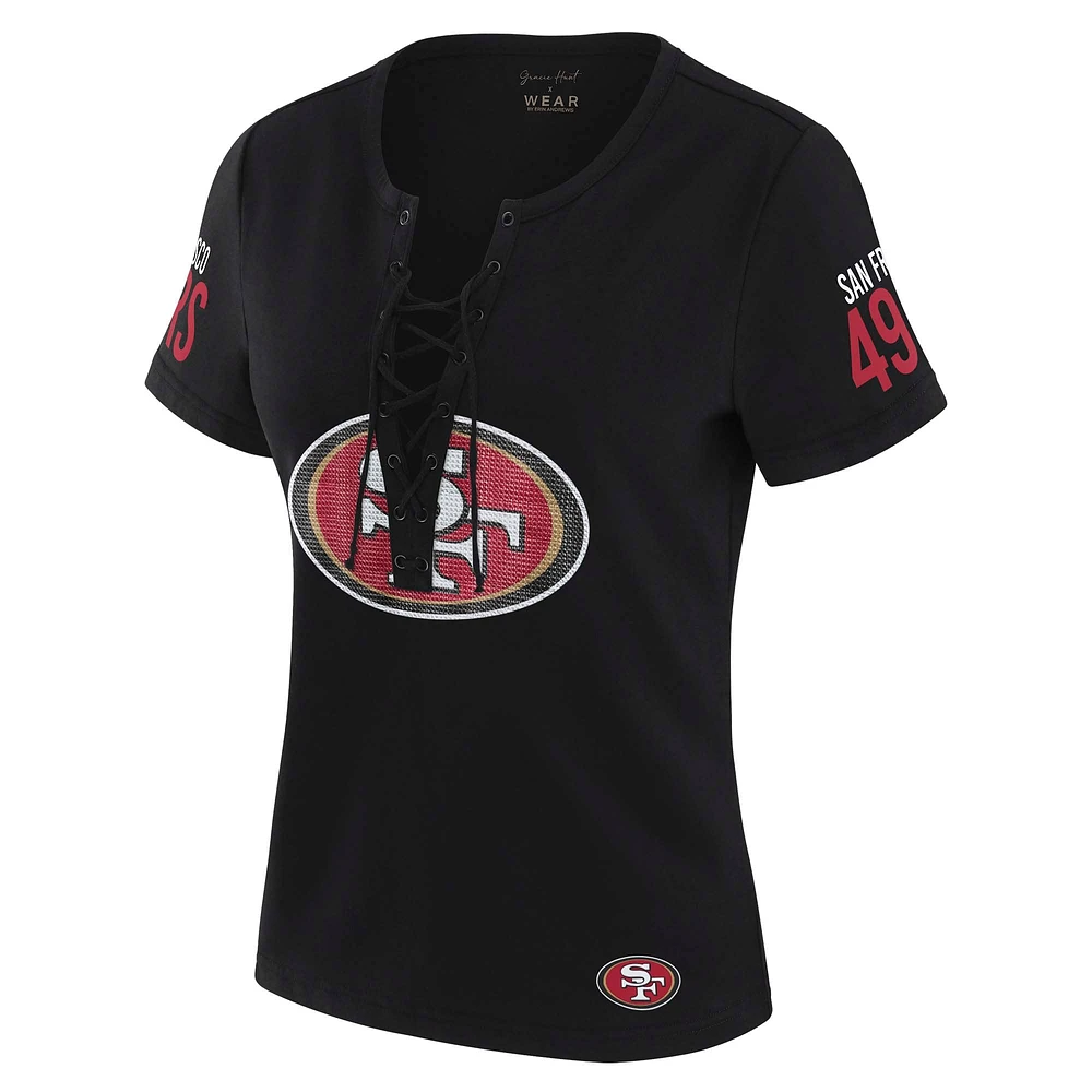 Women's WEAR by Erin Andrews x Gracie Hunt Black San Francisco 49ers Draft Me Lace-Up T-Shirt