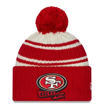 Youth New Era Cream/Scarlet San Francisco 49ers 2022 Sideline - Sport Cuffed Pom Knit Hat