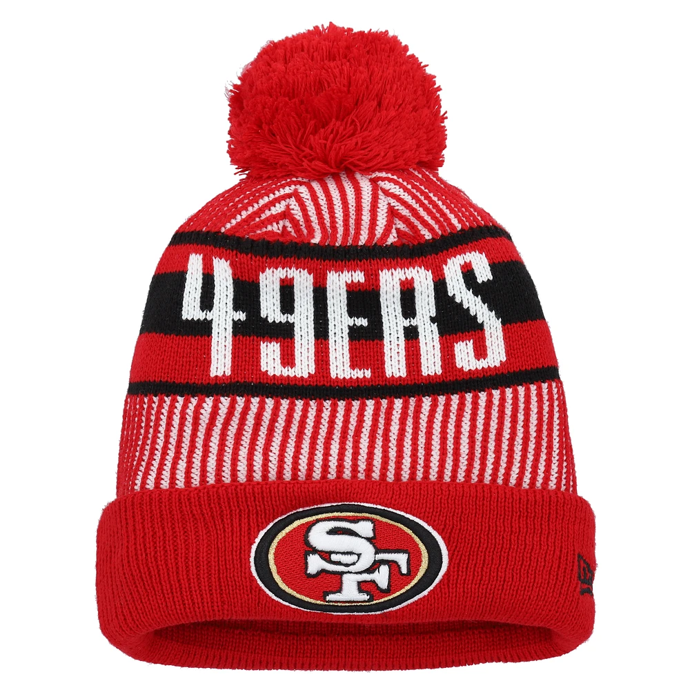 Youth New Era Scarlet San Francisco 49ers Striped  Cuffed Knit Hat with Pom