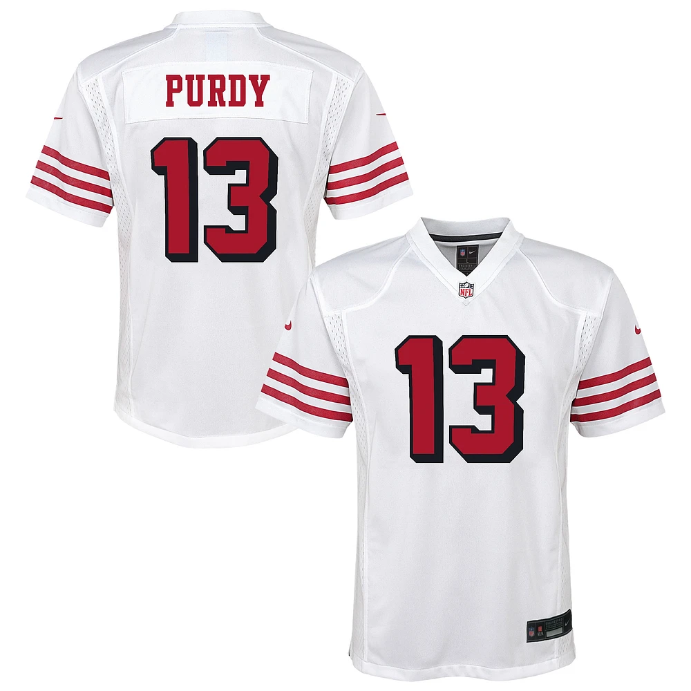 Maillot de jeu d'équipe Nike Brock Purdy blanc des San Francisco 49ers pour jeunes