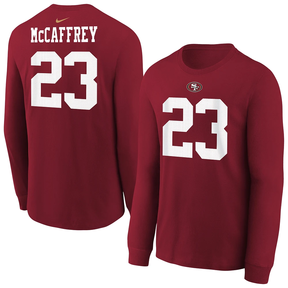 T-shirt à manches longues Nike pour jeune Christian McCaffrey Scarlet avec nom et numéro du joueur des 49ers de San Francisco