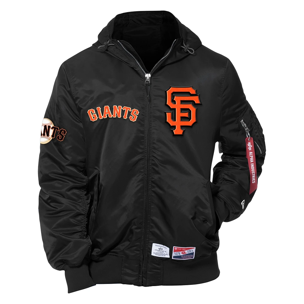 Blouson aviateur à capuche en nylon noir New Era x Alpha Industries pour homme San Francisco Giants Current Day avec fermeture éclair intégrale