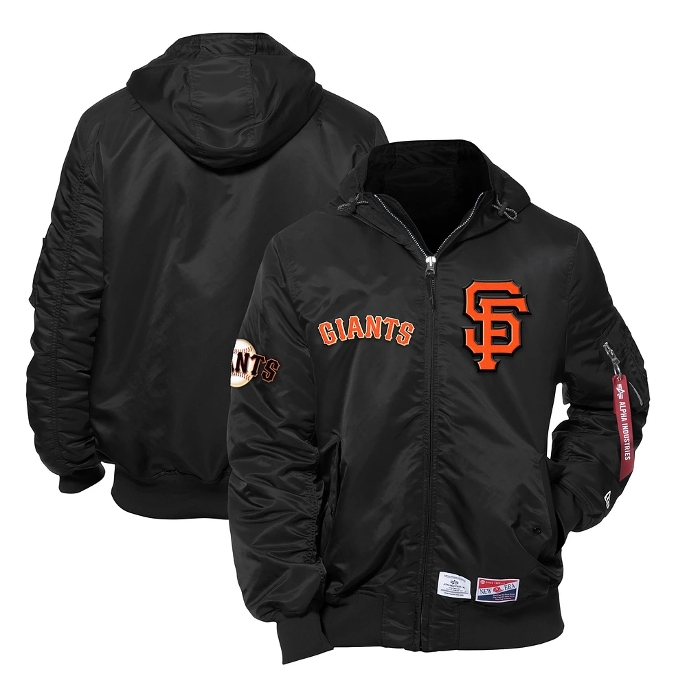 Blouson aviateur à capuche en nylon noir New Era x Alpha Industries pour homme San Francisco Giants Current Day avec fermeture éclair intégrale